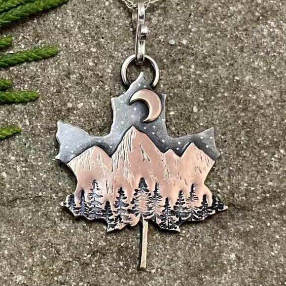 Jewelry - Maple Leaf Pendant Necklace with Mountains and Moon #1124